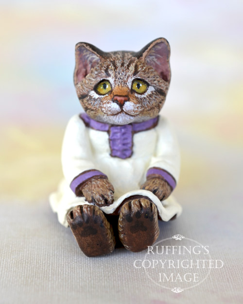 Juniper, miniature tabby cat art doll, handmade original, one-of-a-kind kitten by artist Max Bailey