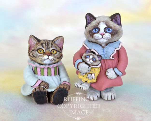 Laura and Lonnie, miniature Bi-color Ragdoll cat art doll with her own doll, handmade original, one-of-a-kind kitten by artist Max Bailey