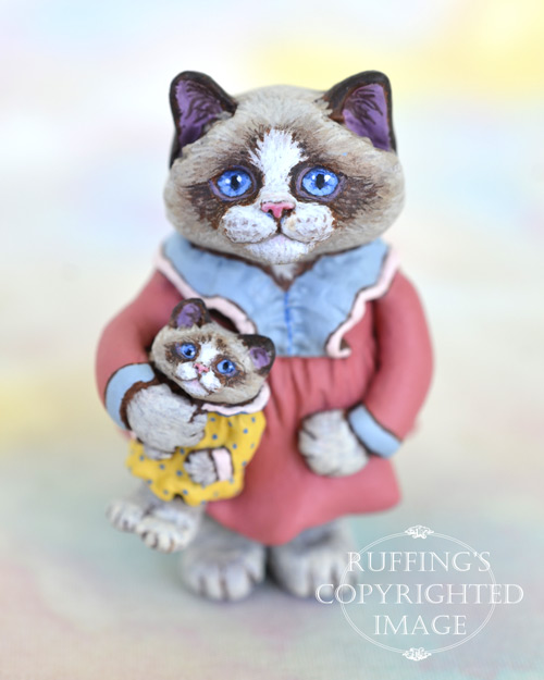 Laura and Lonnie, miniature Bi-color Ragdoll cat art doll with her own doll, handmade original, one-of-a-kind kitten by artist Max Bailey