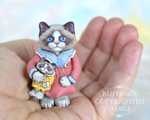 Laura and Lonnie, miniature Bi-color Ragdoll cat art doll with her own doll, handmade original, one-of-a-kind kitten by artist Max Bailey