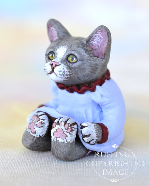 Laurel, miniature gray-and-white cat art doll, handmade original, one-of-a-kind kitten by artist Max Bailey