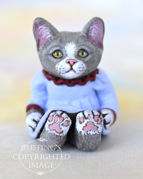 Laurel, miniature gray-and-white cat art doll, handmade original, one-of-a-kind kitten by artist Max Bailey