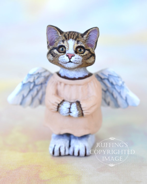 Leila, miniature Norwegian Forest angel tabby cat art doll, handmade original, one-of-a-kind kitten by artist Max Bailey