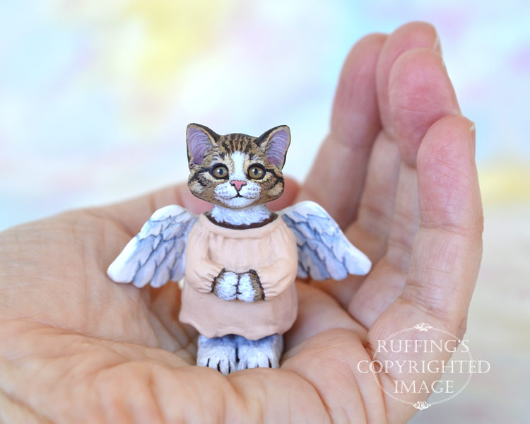Leila, miniature Norwegian Forest angel tabby cat art doll, handmade original, one-of-a-kind kitten by artist Max Bailey