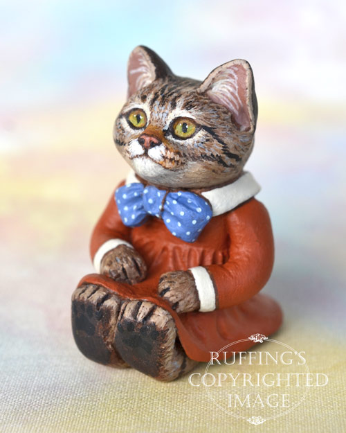 Leslie, miniature tabby cat art doll, handmade original, one-of-a-kind kitten by artist Max Bailey
