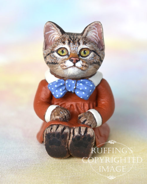 Leslie, miniature tabby cat art doll, handmade original, one-of-a-kind kitten by artist Max Bailey