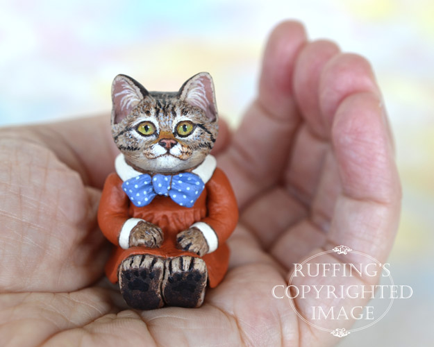 Leslie, miniature tabby cat art doll, handmade original, one-of-a-kind kitten by artist Max Bailey