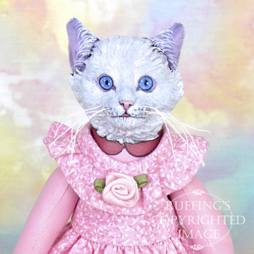 Lillie the White Cat, Original One-of-a-kind Folk Art Cat Doll by Max Bailey