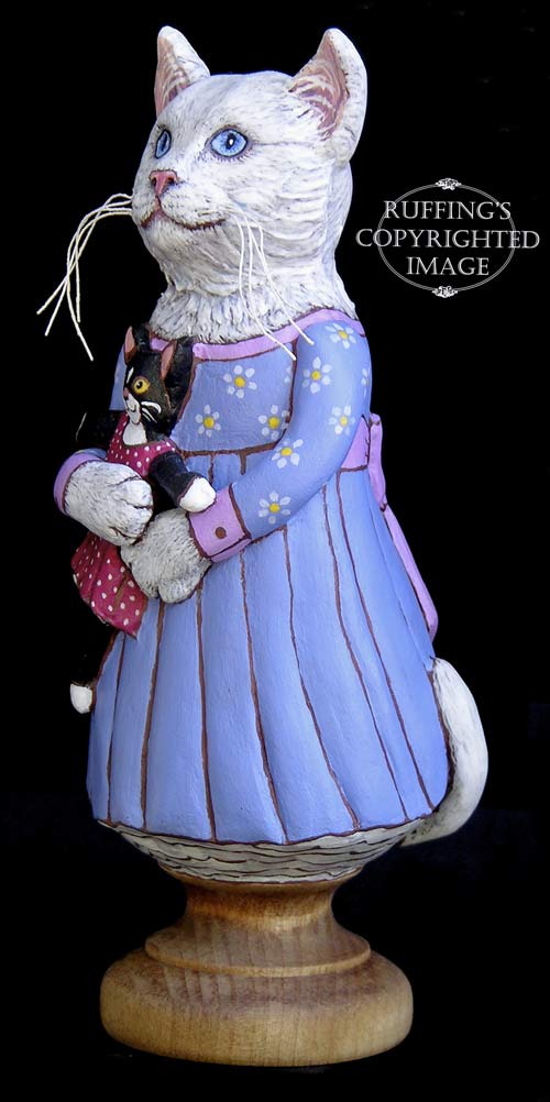 Lily and Caroline, Original One-of-a-kind White Cat and Tuxedo Kitten Folk Art Doll Figurine by Max Bailey