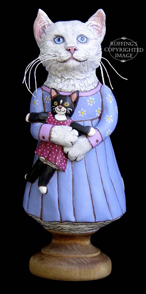 Lily and Caroline, Original One-of-a-kind White Cat and Tuxedo Kitten Folk Art Doll Figurine by Max Bailey