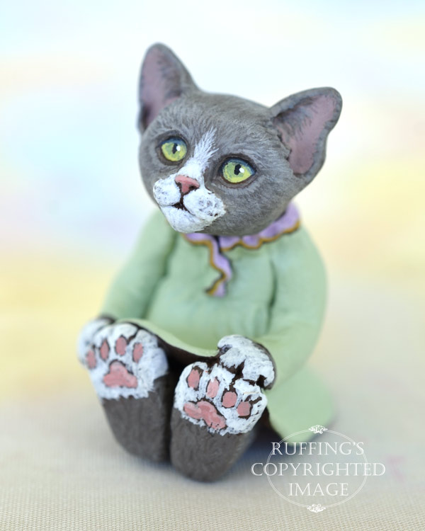 Louellen, miniature gray-and-white cat art doll, handmade original, one-of-a-kind kitten by artist Max Bailey