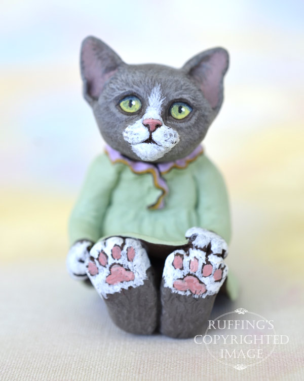 Louellen, miniature gray-and-white cat art doll, handmade original, one-of-a-kind kitten by artist Max Bailey