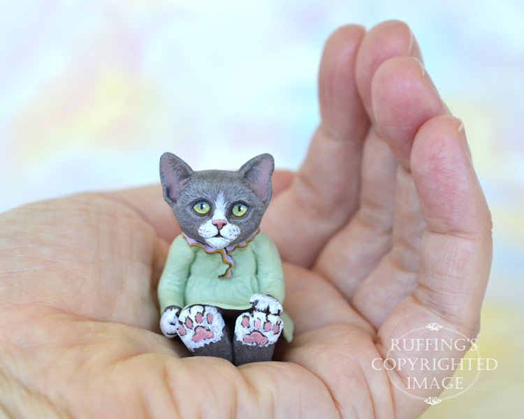 Louellen, miniature gray-and-white cat art doll, handmade original, one-of-a-kind kitten by artist Max Bailey