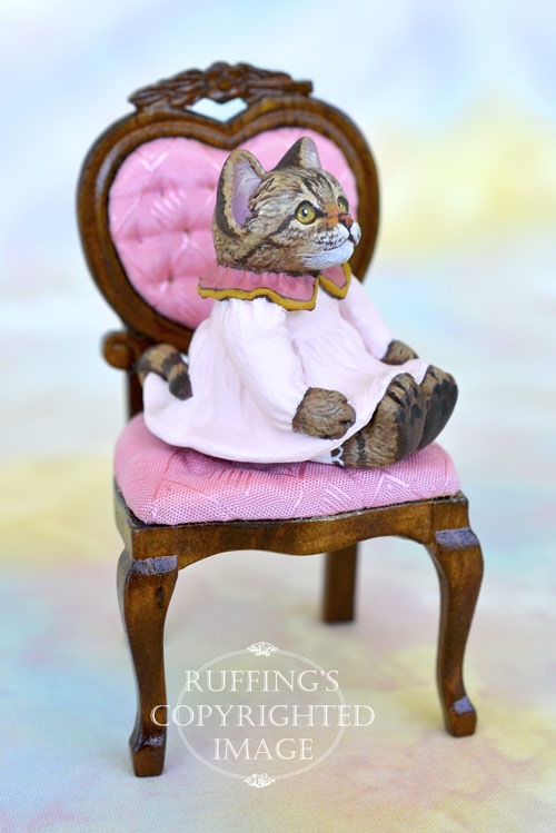 Lovey, miniature tabby cat art doll, handmade original, one-of-a-kind kitten by artist Max Bailey