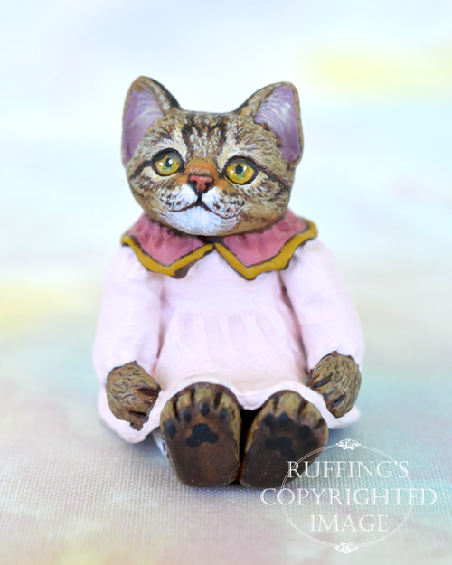 Lovey, miniature tabby cat art doll, handmade original, one-of-a-kind kitten by artist Max Bailey