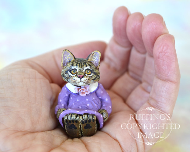 Lucinda, miniature silver tabby Maine Coon cat art doll, handmade original, one-of-a-kind kitten by artist Max Bailey