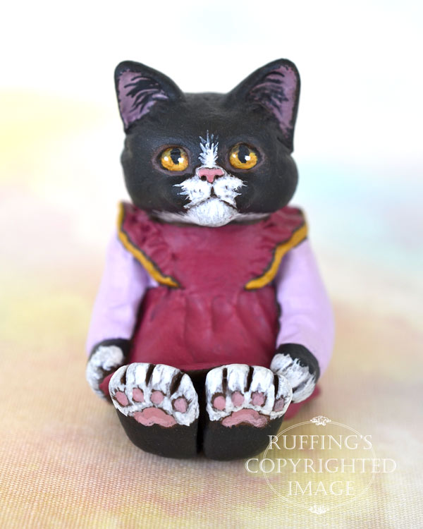 Macy, miniature black-and-white tuxedo cat art doll, handmade original, one-of-a-kind kitten by artist Max Bailey