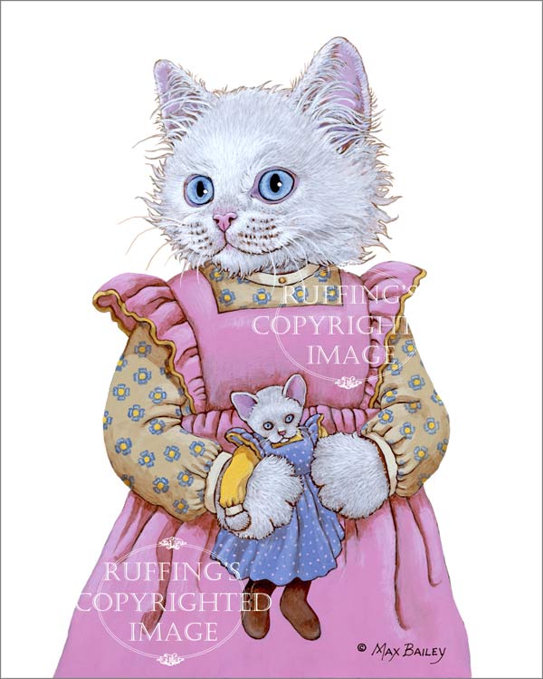 Alice the White Cat, fine art kitty cat in pink dress with a doll print by artist Max Bailey