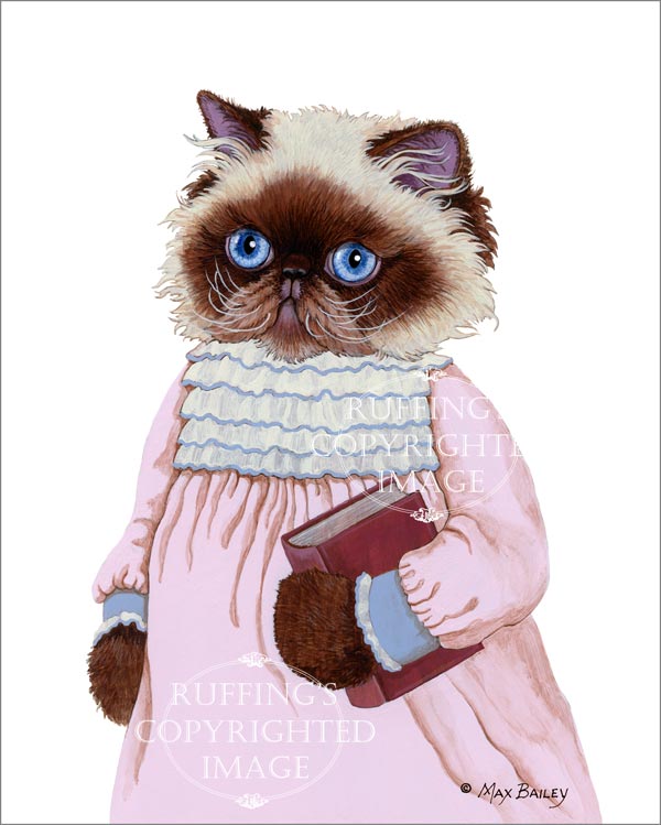 Louisa the Himalayan Cat, fine art kitty cat in pink dress with a library book print by artist Max Bailey