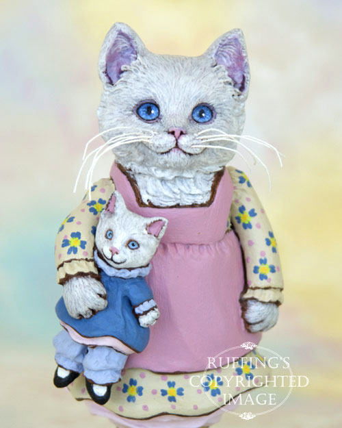 Jessie and Jeanie, white kitten folk art doll figurine by Max Bailey