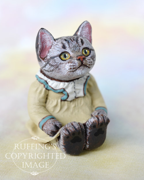 Megan, miniature American Shorthair tabby cat art doll, handmade original, one-of-a-kind kitten by artist Max Bailey