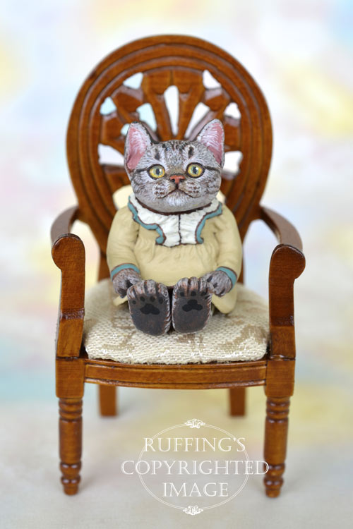 Megan, miniature American Shorthair tabby cat art doll, handmade original, one-of-a-kind kitten by artist Max Bailey