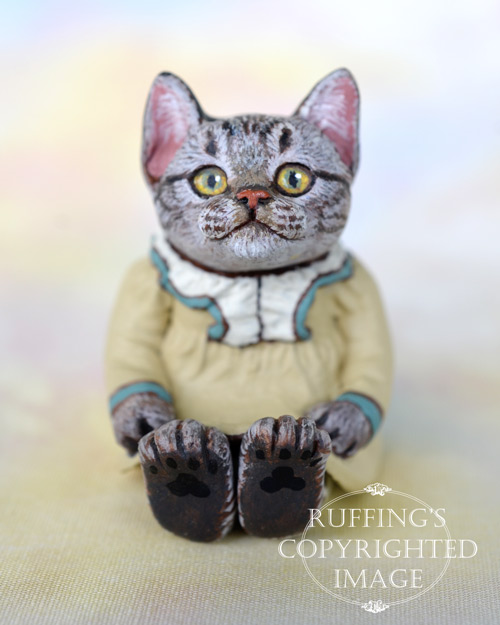 Megan, miniature American Shorthair tabby cat art doll, handmade original, one-of-a-kind kitten by artist Max Bailey