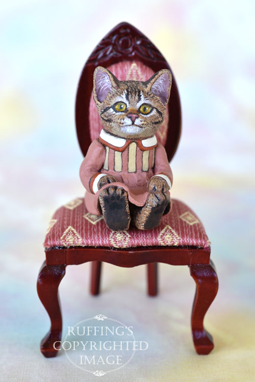 Miss Kitty, miniature tabby cat art doll, handmade original, one-of-a-kind kitten by artist Max Bailey