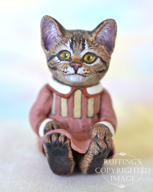 Miss Kitty, miniature tabby cat art doll, handmade original, one-of-a-kind kitten by artist Max Bailey