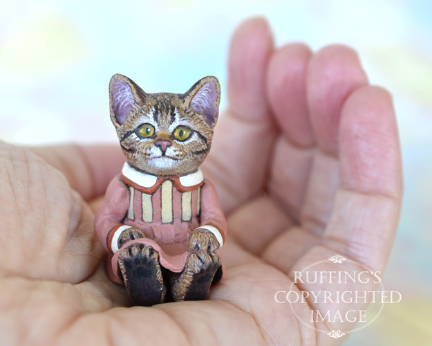Miss Kitty, miniature tabby cat art doll, handmade original, one-of-a-kind kitten by artist Max Bailey