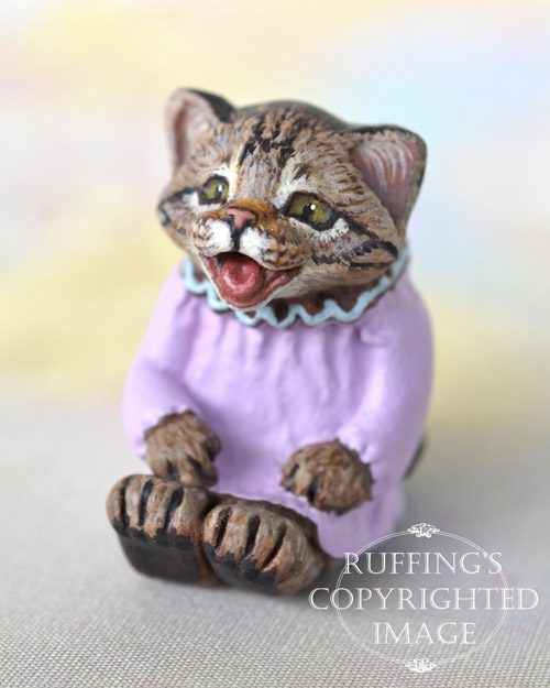 Mollie, miniature crybaby tabby cat art doll, handmade original, one-of-a-kind kitten by artist Max Bailey