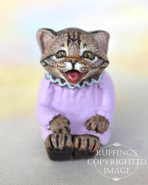 Mollie, miniature crybaby tabby cat art doll, handmade original, one-of-a-kind kitten by artist Max Bailey