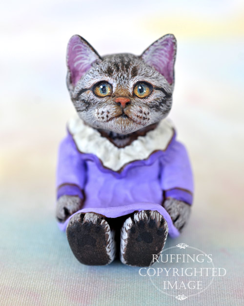 Naomi, miniature American Shorthair silver tabby cat art doll, handmade original, one-of-a-kind kitten by artist Max Bailey