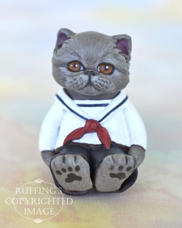 Iris, miniature Russian Blue cat art doll, handmade original, one-of-a-kind kitten by artist Max Bailey