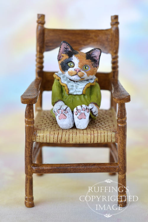Patches, miniature calico cat art doll, handmade original, one-of-a-kind kitten by artist Max Bailey