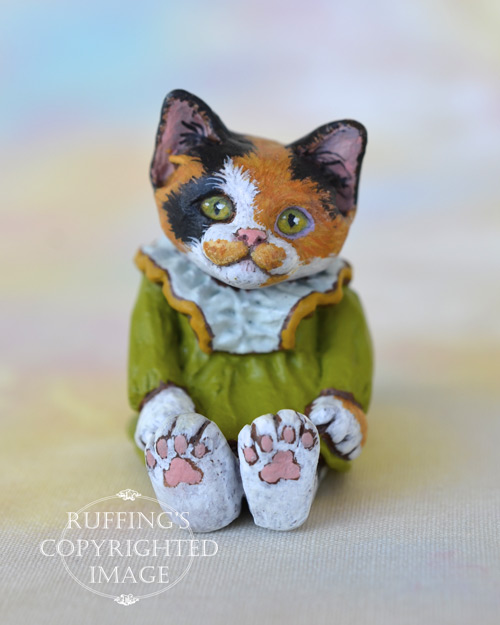 Patches, miniature calico cat art doll, handmade original, one-of-a-kind kitten by artist Max Bailey