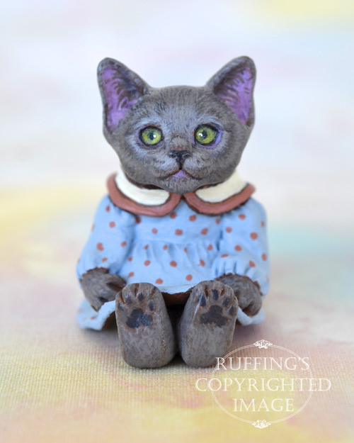 Polly, miniature Russian Blue cat art doll, handmade original, one-of-a-kind kitten by artist Max Bailey