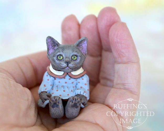 Polly, miniature Russian Blue cat art doll, handmade original, one-of-a-kind kitten by artist Max Bailey