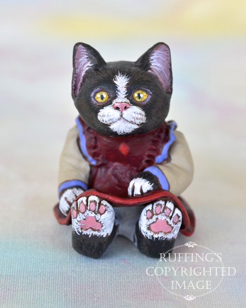 Poppy, miniature black-and-white tuxedo cat art doll, handmade original, one-of-a-kind kitten by artist Max Bailey