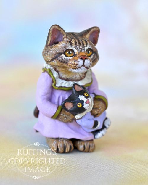 Regina and Ragsy, miniature Maine Coon cat art doll, handmade original, one-of-a-kind kitten by artist Max Bailey