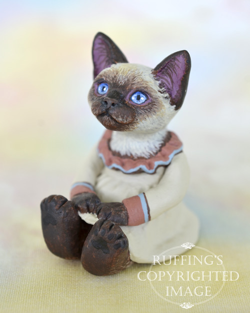 Sara, miniature Siamese cat art doll with her own doll, handmade original, one-of-a-kind kitten by artist Max Bailey