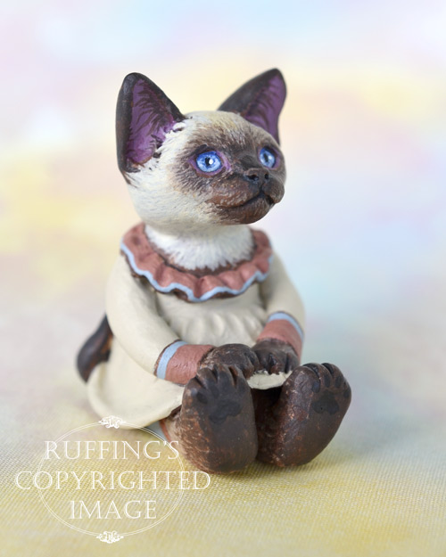 Sara, miniature Siamese cat art doll with her own doll, handmade original, one-of-a-kind kitten by artist Max Bailey