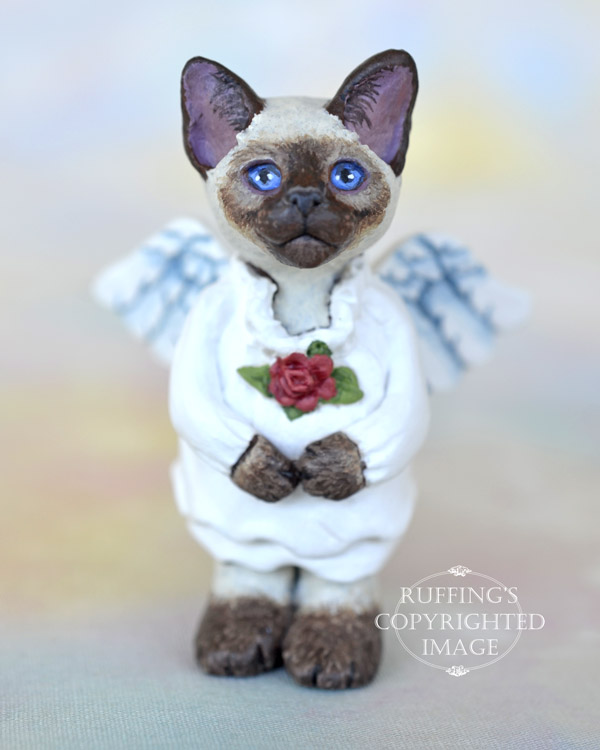 Serenity, miniature Siamese angel cat art doll, handmade original, one-of-a-kind kitten by artist Max Bailey