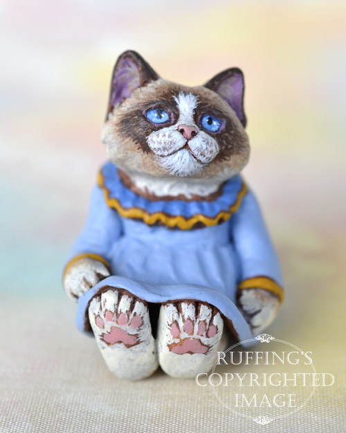 Shelby, miniature bi-color Ragdoll cat art doll, handmade original, one-of-a-kind kitten by artist Max Bailey