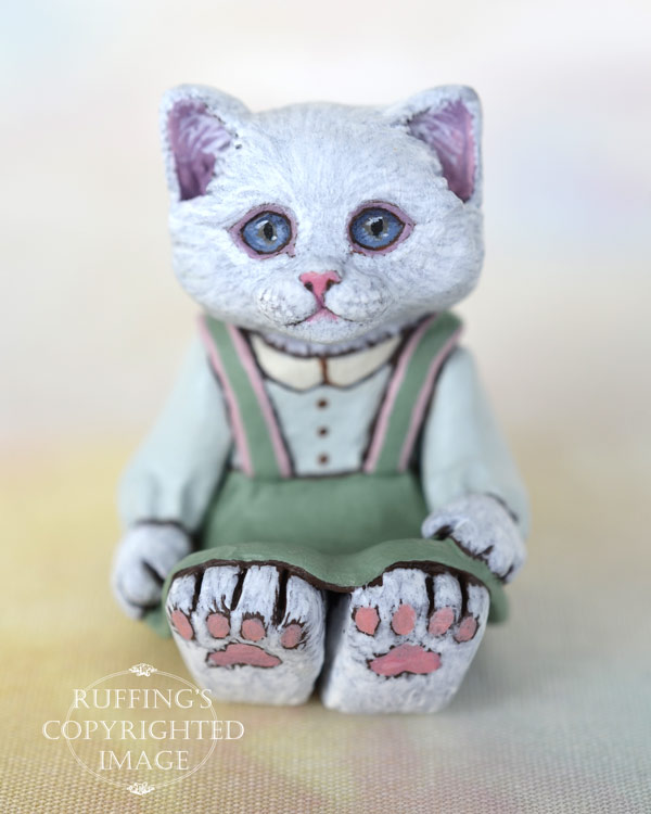 Snowflake, miniature white cat art doll, handmade original, one-of-a-kind kitten by artist Max Bailey
