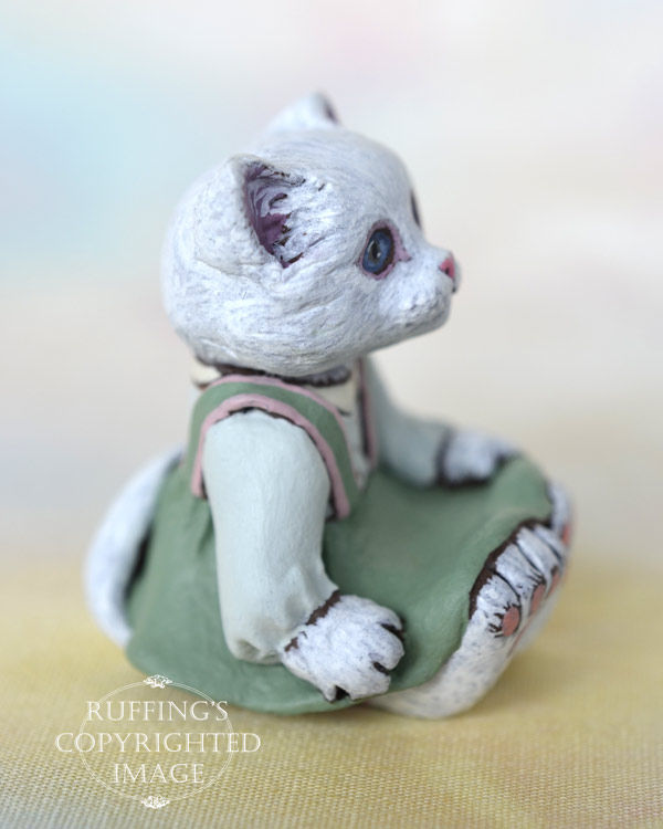 Snowflake, miniature white cat art doll, handmade original, one-of-a-kind kitten by artist Max Bailey