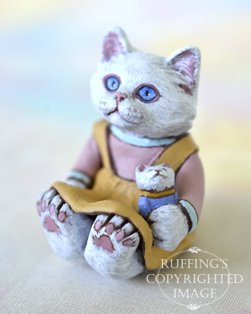 Sophie, miniature white cat art doll, handmade original, one-of-a-kind kitten by artist Max Bailey