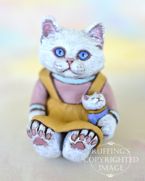 Sophie, miniature white cat art doll, handmade original, one-of-a-kind kitten by artist Max Bailey