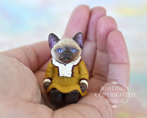 Suki, miniature Siamese cat art doll, handmade original, one-of-a-kind kitten by artist Max Bailey