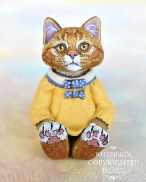 Tippie, miniature ginger tabby Maine Coon cat art doll, handmade original, one-of-a-kind kitten by artist Max Bailey